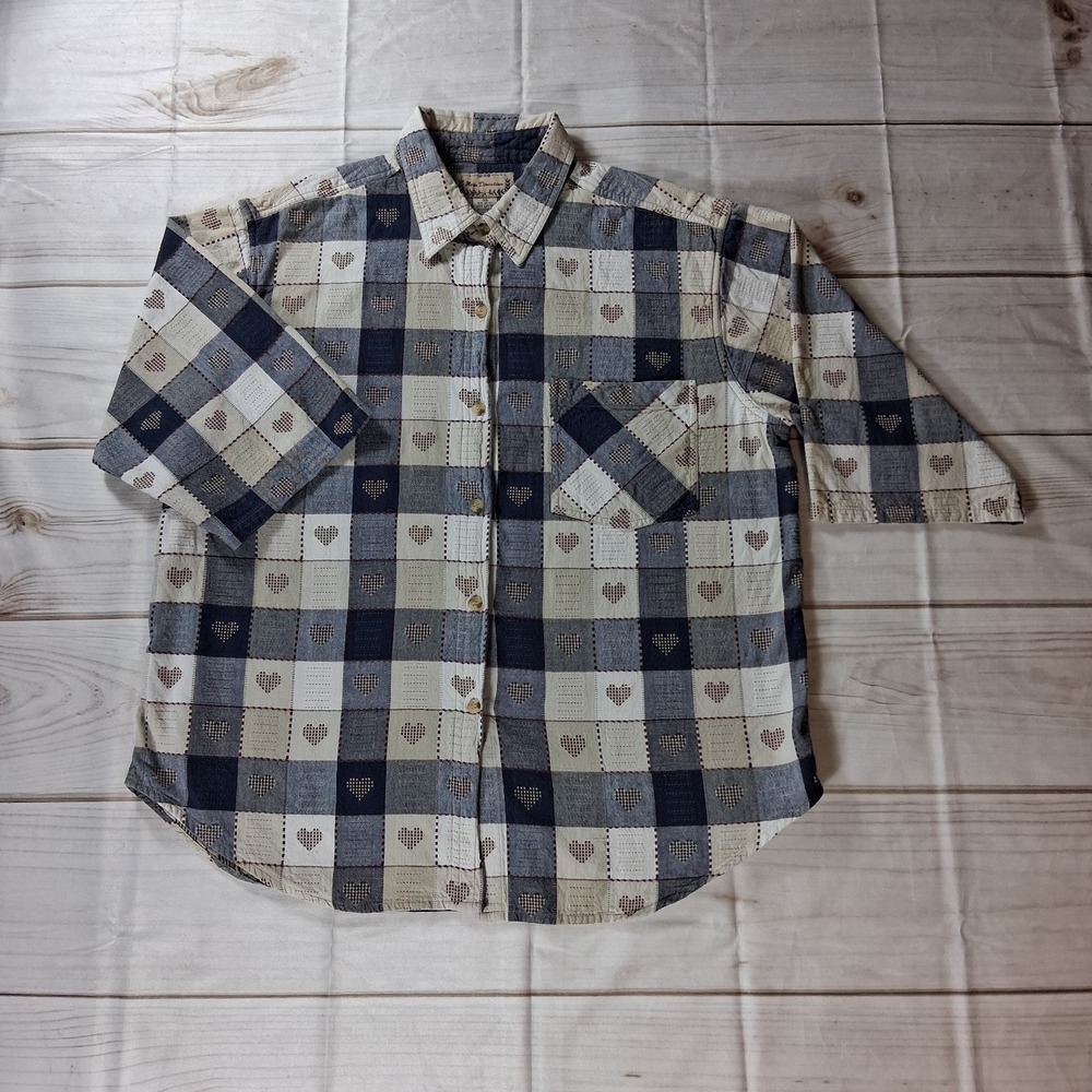 Vintage New Direction Womens 3X Blue Gray Heart Patchwork Cotton Button Up Shirt
